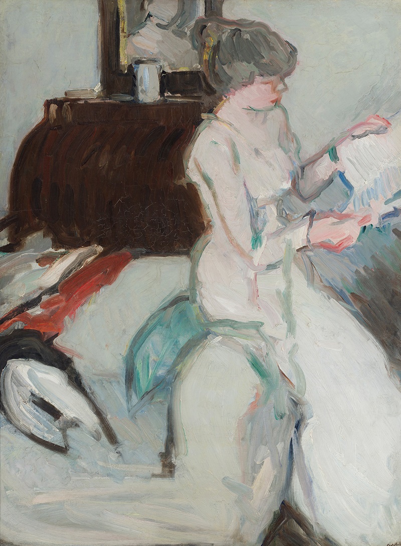 SAMUEL JOHN PEPLOE R.S.A (SCOTTISH 1871-1935) | INTERIOR WITH GIRL IN WHITE Signed, oil on canvas | 102cm x 76cm (40in x 30in) | Provenance: Willy Peploe, the artist's brother. Exhibited: Scottish National Gallery of Modern Art, 'Peploe' 1985, no.42; Duncan Miller Fine Arts, London, 'The Scottish Colourists,' 1995, no.1. Sold for £62,500 incl premium